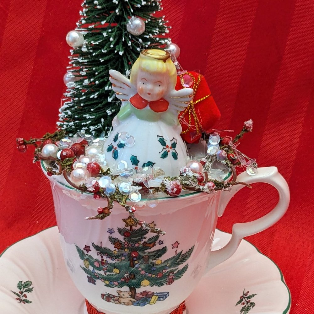 Handmade Vtg. Porcelain Angel In Vt. Nikko Christmas Tree Tea Cup